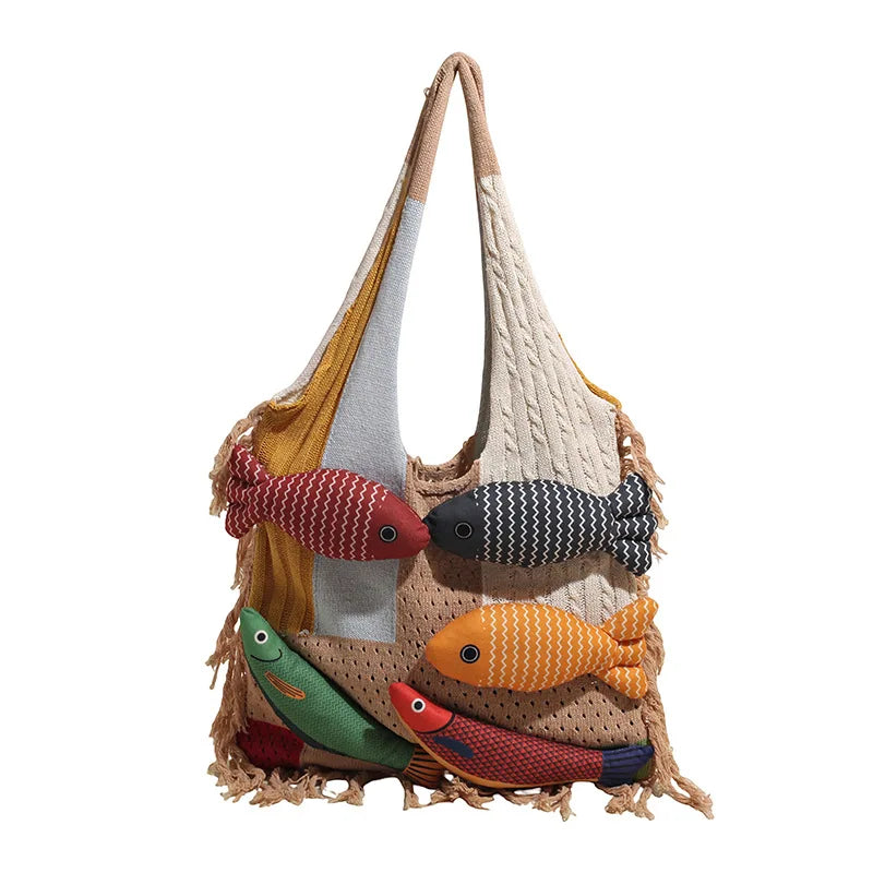Creative 3D Fish Decoration Shoulder Bag | Fashionable Contrast Color Stitching Tote | Large Capacity Canvas Handbag with Animal Print | Soft Linen-Lined Casual Beach & Travel Bag Luxegan 