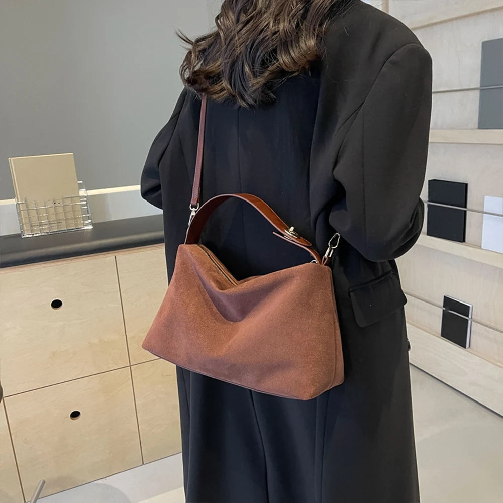 Women’s Big Boston Tote Bag | Soft Matte Faux Suede Messenger Handbag | Trendy Autumn/Winter Shoulder & Crossbody Bag | Large Capacity Satchel in Grey and Brown Luxegan
