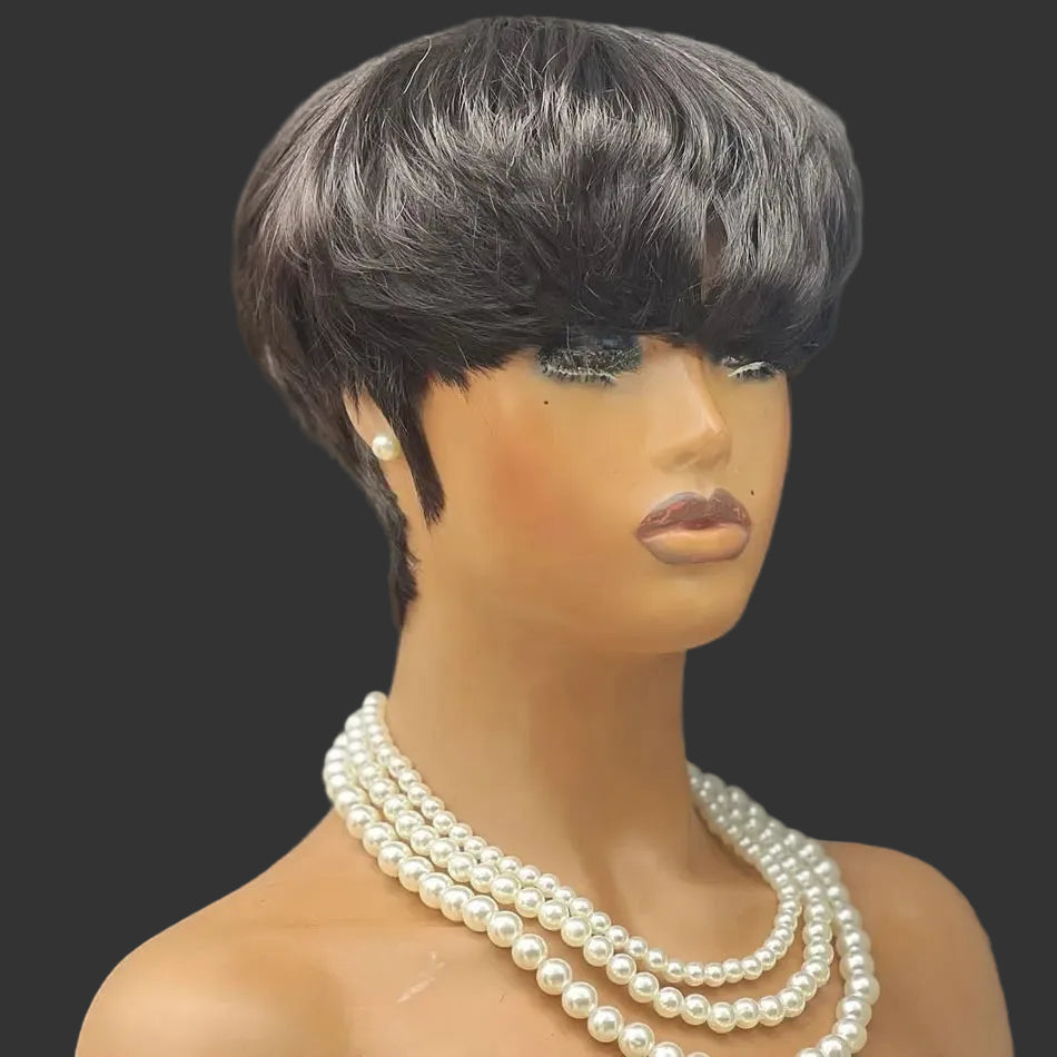 Glueless Full Lace Short Pixie Cut Wig | 100% Brazilian Human Hair Pixie Bob with Bangs | Premium Remy Hair Straight Wigs for Women | Medium Brown Normal Lace Free Part Natural Color Short Vestido Luxegan