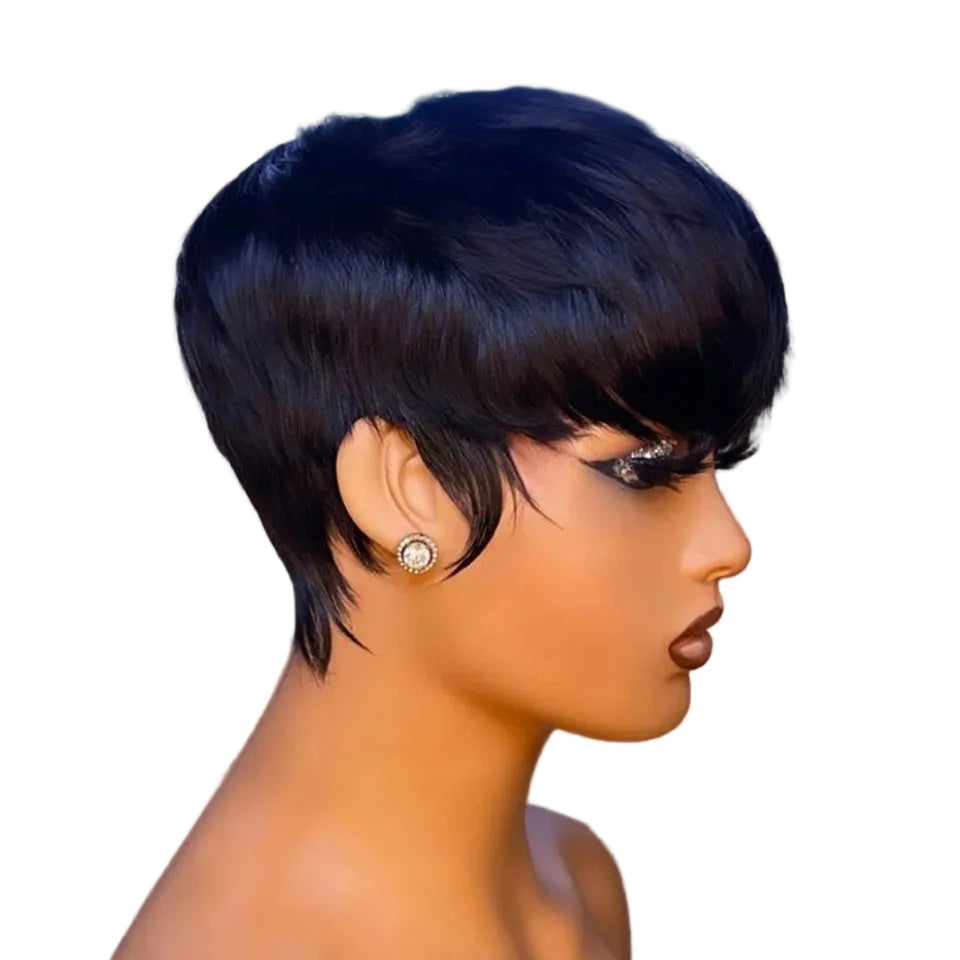 Short Straight Bob Pixie Cut Human Hair Wig with Bangs - 150% & 180% Density Glueless Non-Lace & 13x4 Transparent Lace Frontal Wig - 100% Brazilian Virgin Remy Hair Natural Black Fringe Wig for Women (Dyeable All Colors) Luxegan