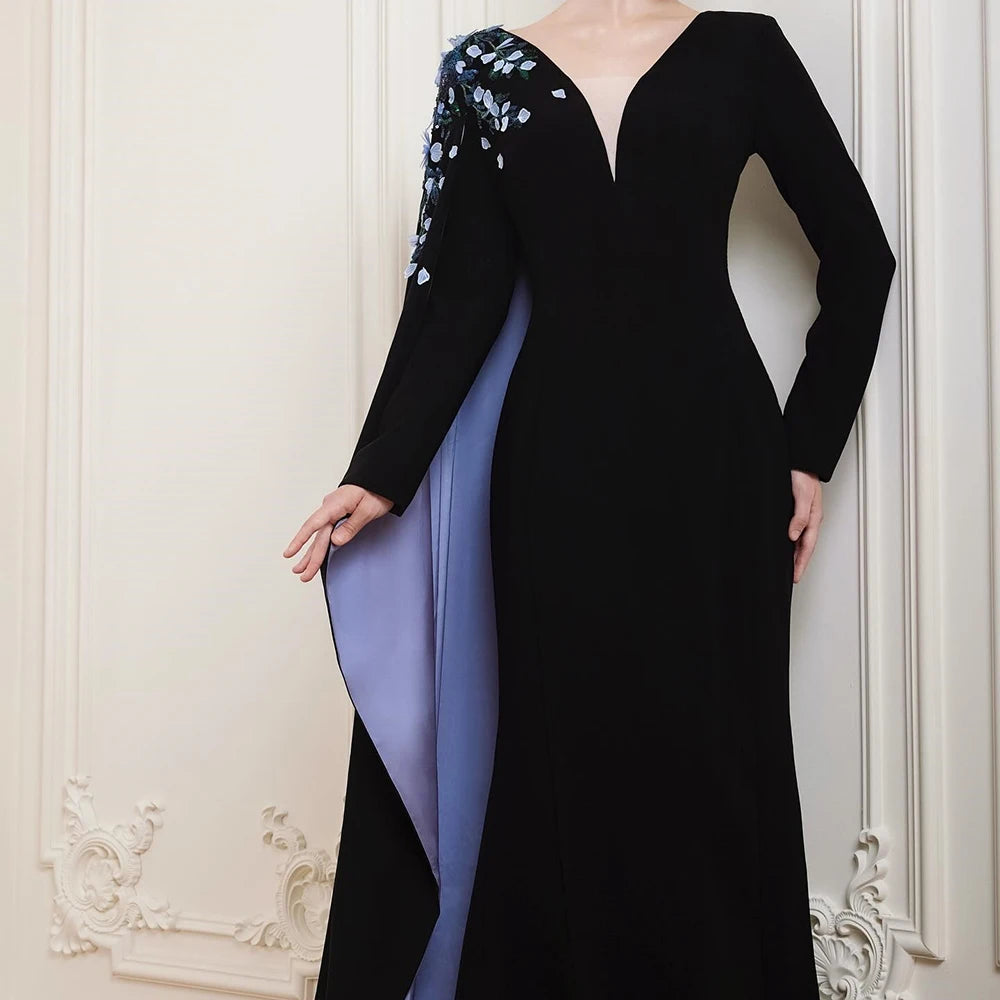 Bespoke A-Line Evening Dress with Fashion Flowers Stole | Simple V-Neck Full Sleeve Floor-Length Prom Gown | Luxurious Draped Jersey Formal Party Dress | Model zrj Customized Occasion Wear Luxegan