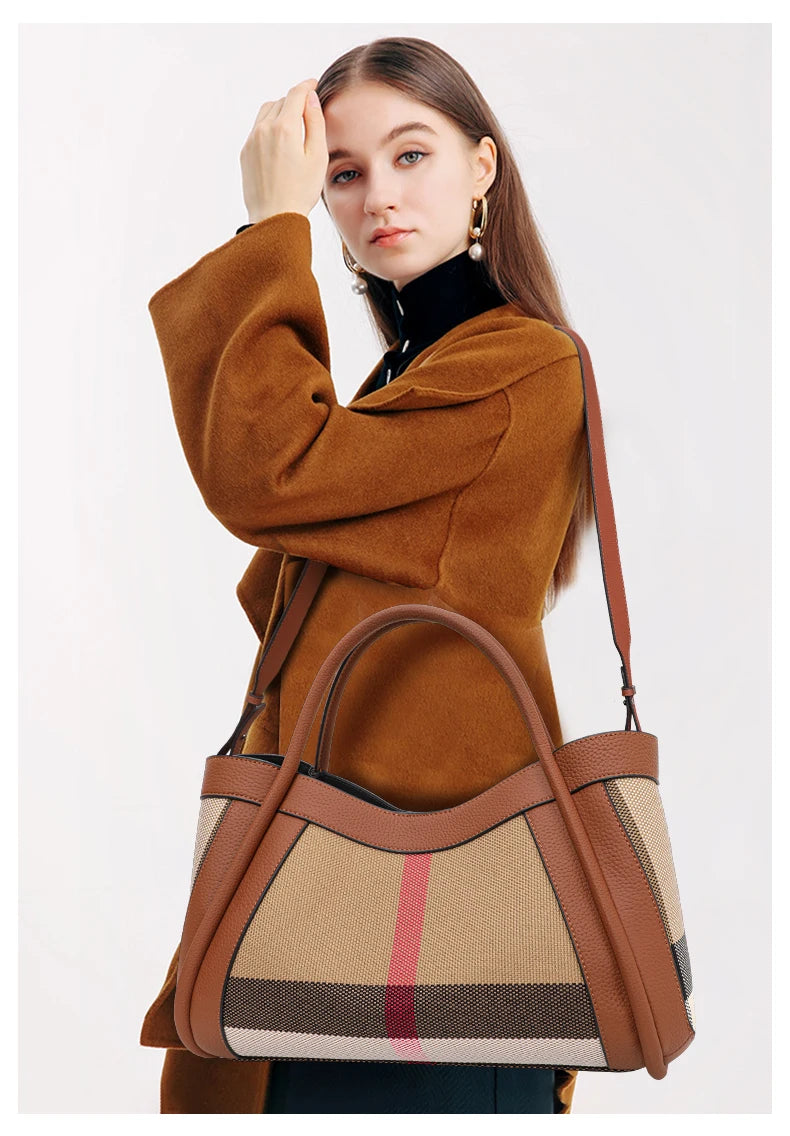 Retro Checkered Luxury Handbag | Large Capacity Canvas & Cowhide Patchwork Tote | Fashion Plaid Shoulder Bag with Secure Hasp Closure Luxegan