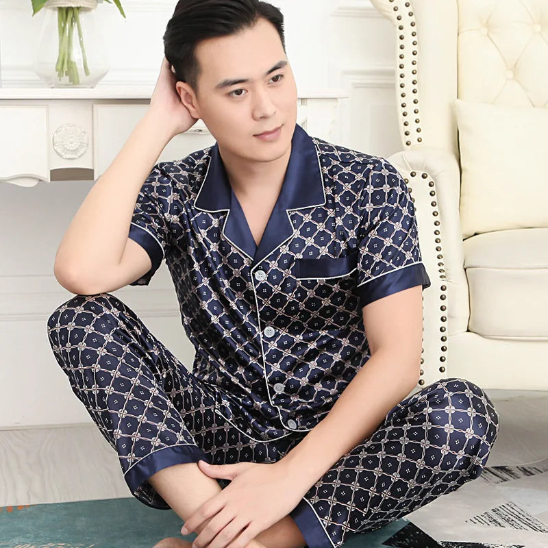 Men's Premium Ice Silk Pajama Set | Luxury Paisley Long-Sleeved Sleepwear Suit | Thin Turn-Down Collar Nightwear | Plus Size High-Quality Home Clothes Male Suit Model SY5004 Luxegan