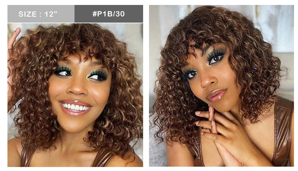 Brazilian Jerry Curly Human Hair Bob Wig with Bangs | Natural Highlight Honey Water Wave Kinky Curly Wigs for Women Luxegan