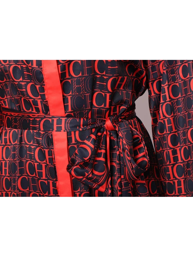 Asymmetric Hem Print A-Line Midi Dress | Turn-Down Collar Long Sleeve Empire Waist Party Dress Luxegan