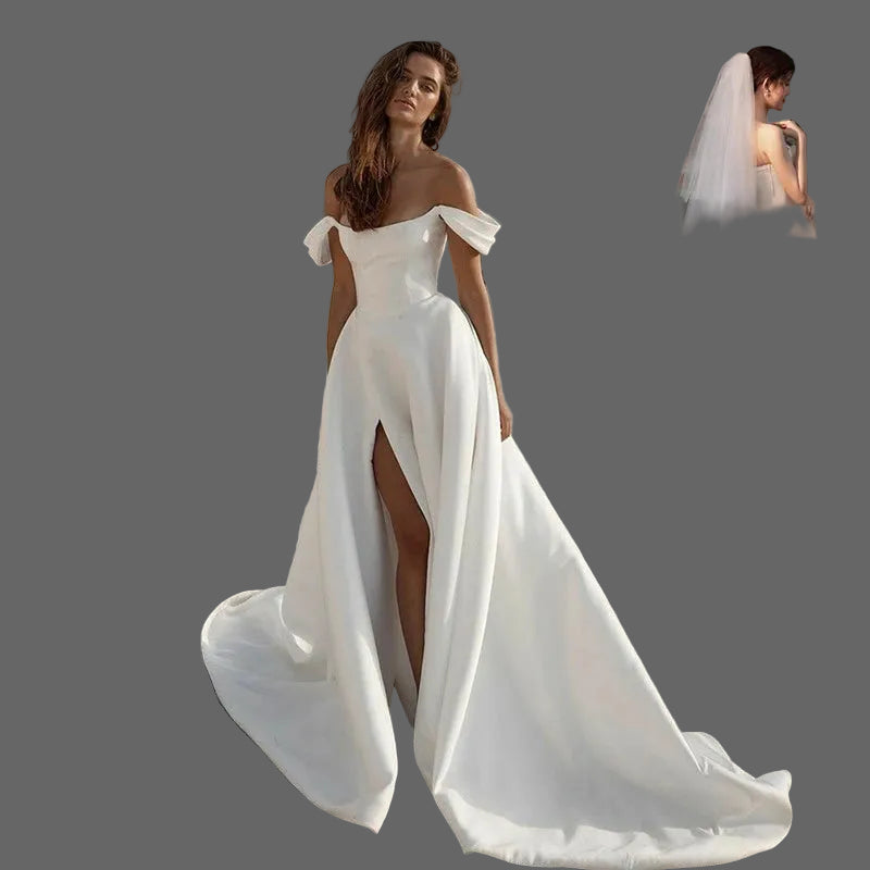 Classic Soft Satin A-Line Wedding Dress | Elegant Off-The-Shoulder Sleeveless Bridal Gown | Vintage Lace Applique Beaded Wedding Party Gown | Model 11DWYW2000051 Custom Floor-Length Court Train Dress Luxegan