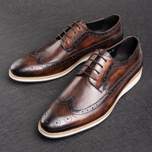 Classic Wingtip Retro Dress Shoes | Sophisticated Business Office Derby Shoes | Elegant "Pure Cowhide" Silhouette | "Dignified" Round Toe Oxfords for Radiant Versatile Office & Career Styling Luxegan