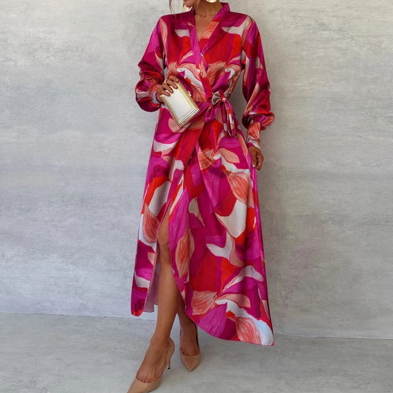 Print V-Neck Lantern Sleeve Lace-Up Slim Fit Asymmetrical Ankle-Length Dress – Spring/Summer Luxegan