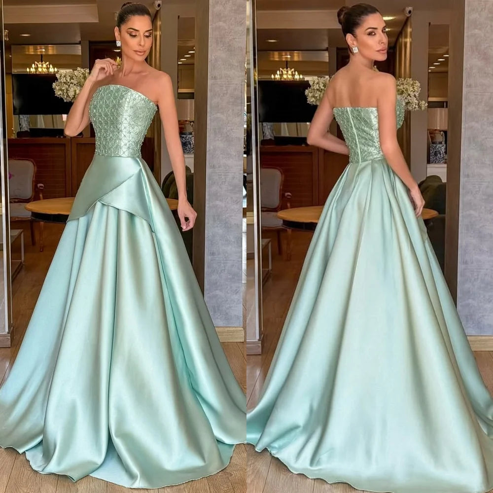 High-Quality Intricate Charmeuse Beading Gown | Strapless Ruched A-Line Long Dress | Elegant Floor-Length Sleeveless Bespoke Formal Evening Dress Luxegan