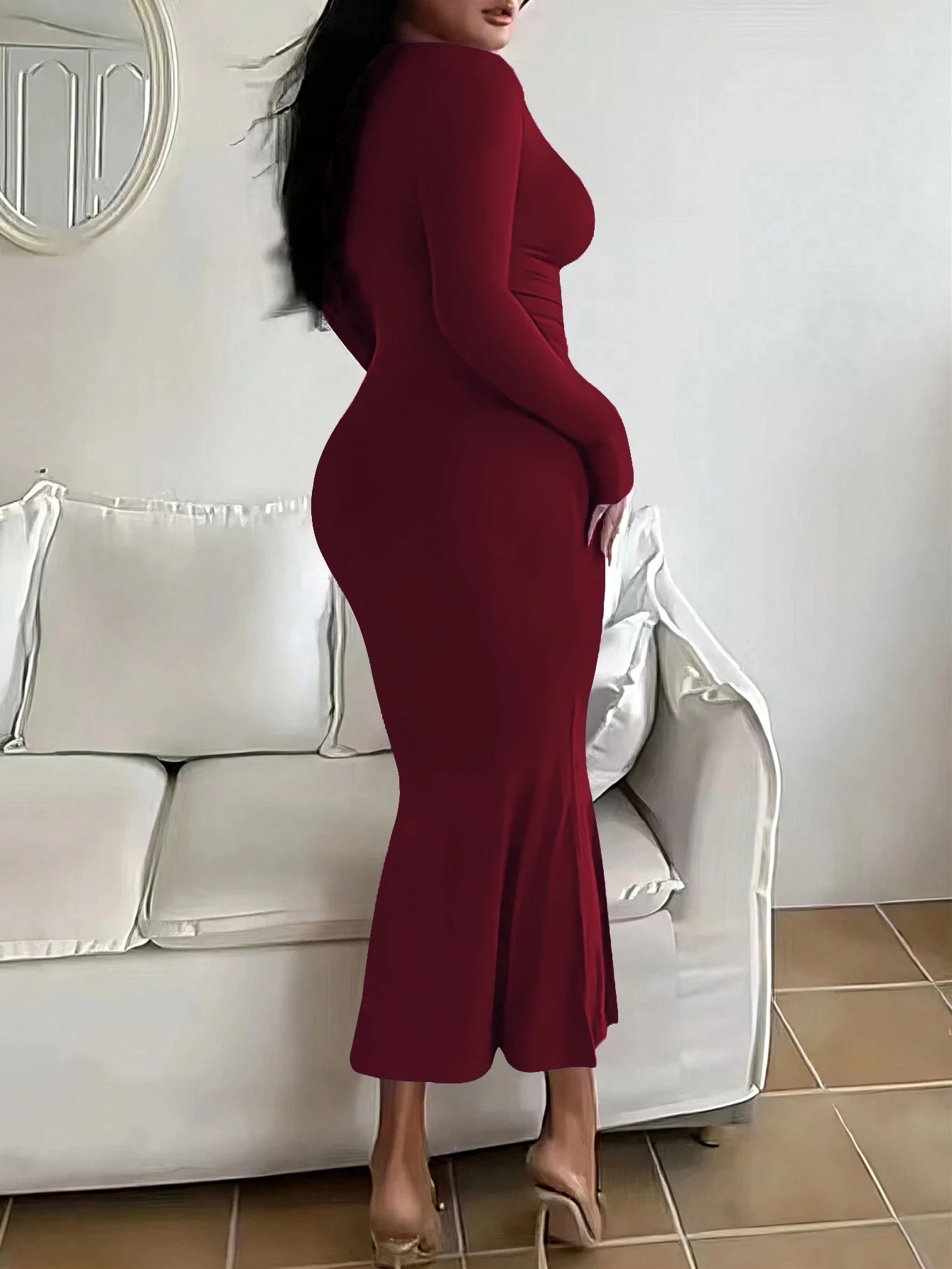 Plus Size Solid Square-Neck Evening Gown | Extra Lengthy Tight-Fitting Maxi Dress | Long-Sleeve Slim-Fit Knit Sexy & Club Dress Luxegan