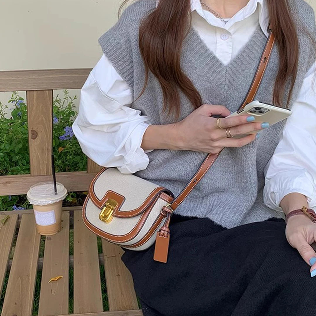 Retro Canvas Patchwork Crossbody Bag | Contrasting Color Saddle Bag