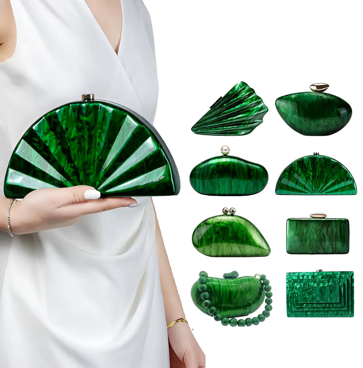Acrylic Shell Minaudiere | Hard Marble Green Pearl Bridal Handbag Luxegan