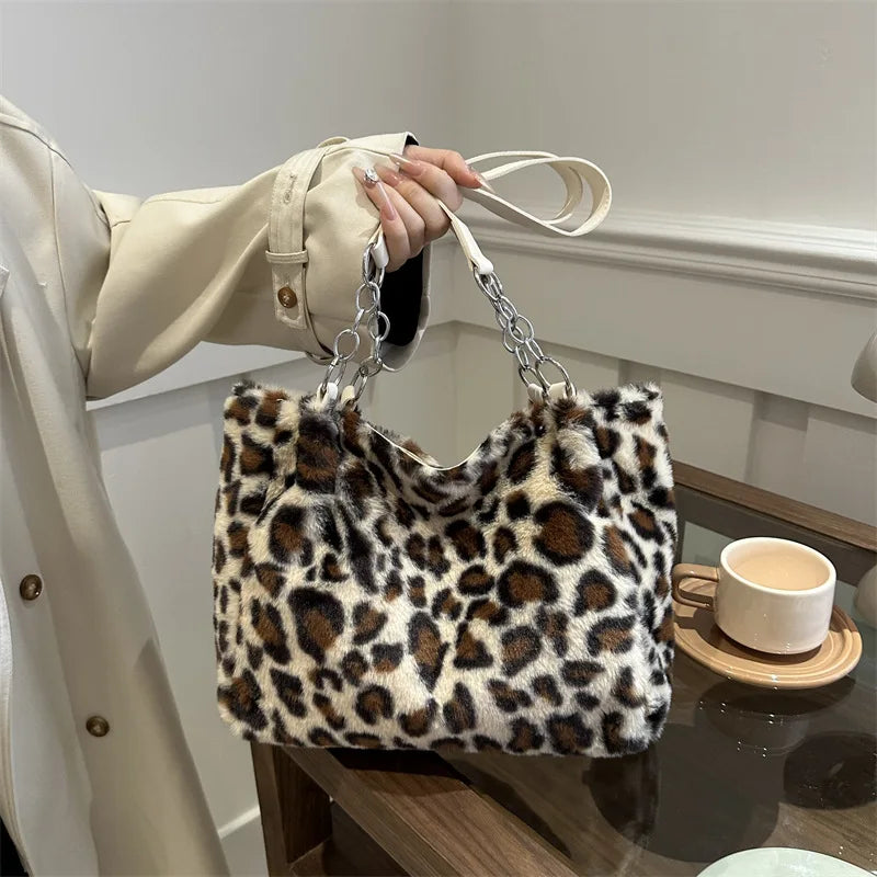 National Style Simple Women's Leopard Tote Bag | Lady Luxury Fluffy Shoulder Bag & Chain Large Capacity Commuter Handle Bag Luxegan