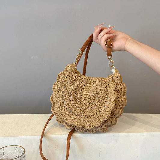 Vintage Woven Handbag | Round Summer Beach Bag & Crossbody Bag Luxegan