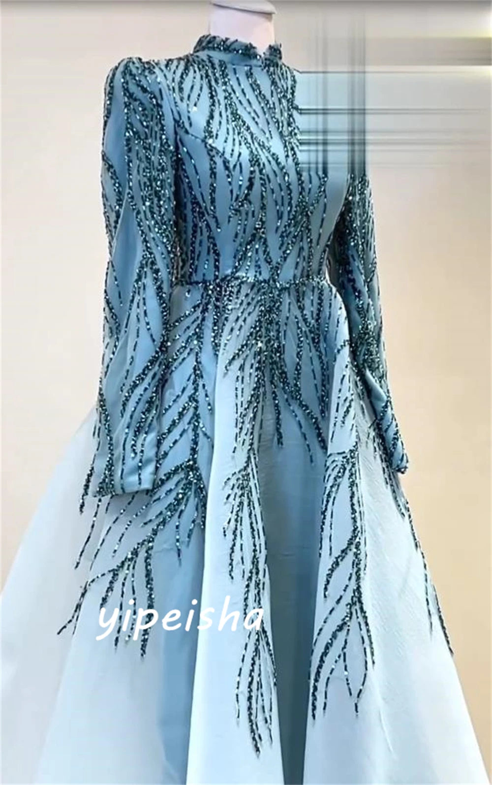 Women's Sparkle High-Collar Ball Gown | Intricate Celebrity Beading Evening Dress | Exquisite Sequined Organza Prom Gown | Premium Tatting Floor-Length A-Line Robe with Built-in Bra Model 3100xjj Luxegan