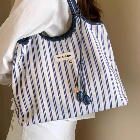 Texture Women's Tote Bag Contrast Color Stripe Shoulder Bags Woman Large Capacity Female Daily Commuting Underarm Packs Handbags