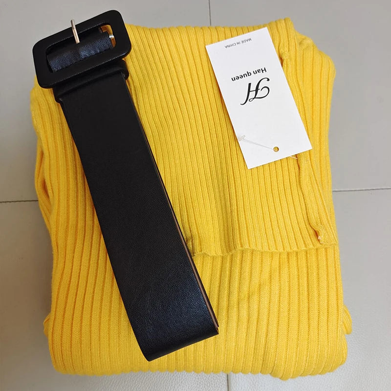 Turtleneck Knit Bodycon Midi Dress with Belt | Long Sleeve Pencil Sweater Dress Luxegan