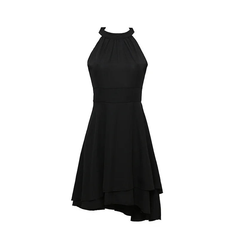 Solid Halter Sleeveless Gauze Overlay Slim Fit A-Line Mid-Calf Dress – Natural Waist, Summer Luxegan