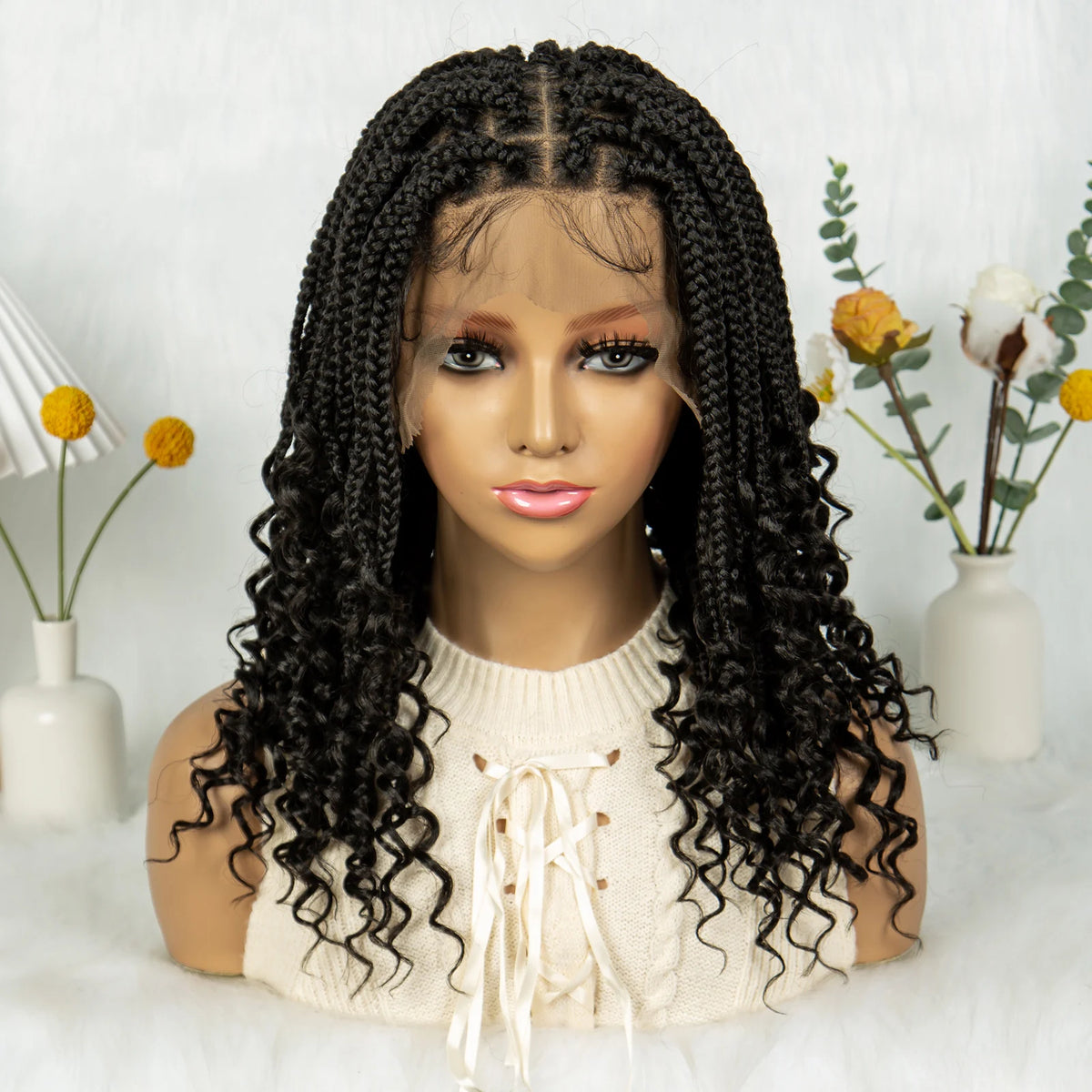 16 Inch Boho Knotless Box Braided Wig | Full Lace | Curly Ends