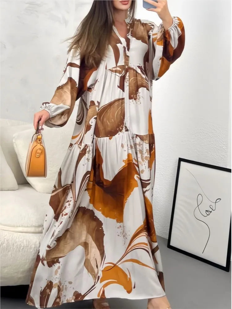 Women's Printed Loose Long Shirt Dress | Elegant Spliced Spring Autumn Long-Sleeved Gown | New Fashion Single-Breasted Office Lady Robe | Premium Tatting Slight Stretch A-Line Ankle-Length Dress Model SA-0725 Luxegan