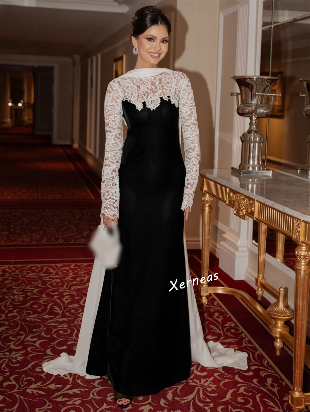 Elegant Shawl Backless Evening Gown | Bespoke Occasion Trumpet Long Dress | Full-Sleeve O-Neck Lace Pleated Floor-Length Formal Wedding Gown Luxegan