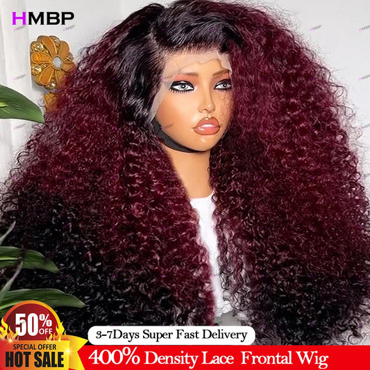 Ombre 99J Burgundy Glueless Wigs Human Hair Kinky Curly 13x6 Hd Lace Frontal Wig Human Hair Wear Go Preplucked Curly Wigs 34Inch