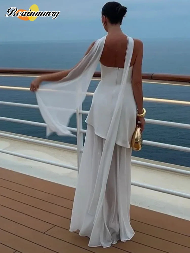 Elegant White Mesh Splicing Slim Women Strapless Dress Chic Scarf Neck Off Shoulder High Waist Long Dresses Lady Party Robes
