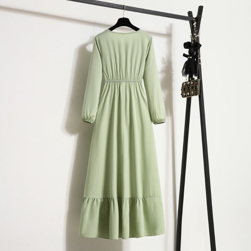 Women's Solid Chiffon Muslim Maxi Dress | Long-Sleeve Casual Loose Fit A-Line Dress | Full-Sleeve O-Neck Spring Autumn Ankle-Length Robe Luxegan