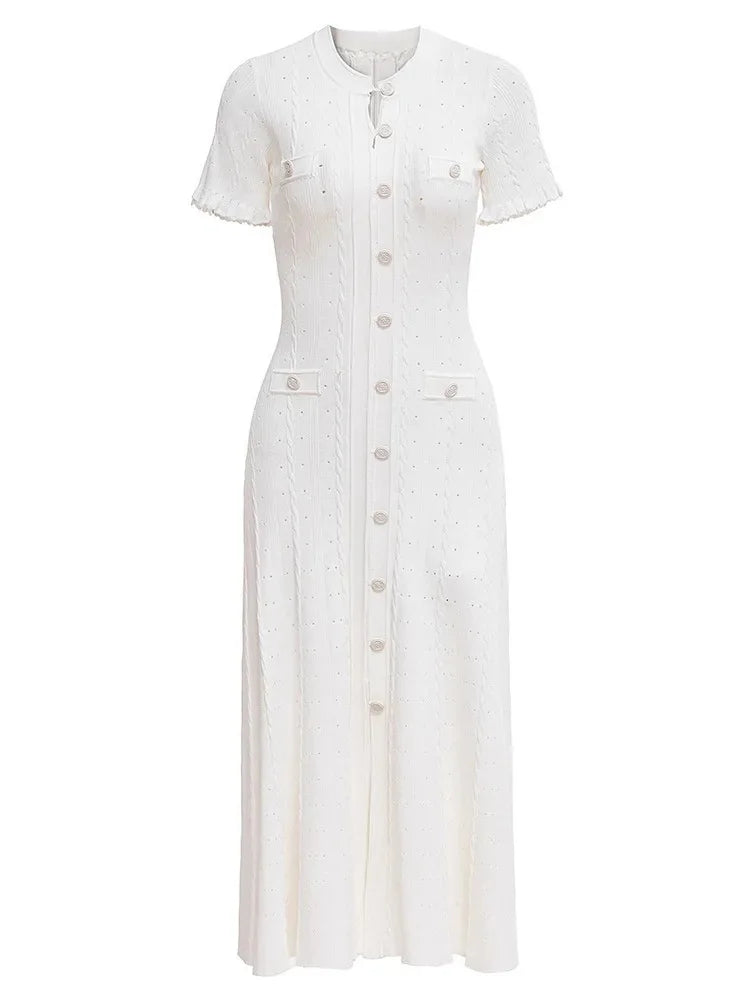 French Style Knitted Long Dress round Neck Hollow out Wooden Edge Skirt Elegant Autumn Luxury Women's Fashion One Piece Dress