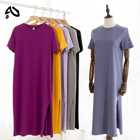 Women's Casual Cotton Summer Midi Dress | Fashionable Short Sleeve Split Sundress | Minimalist O-Neck High-Mobility Long Dress | Premium Slight Stretch Knit Loose Fit Vestido Model M30465 Luxegan