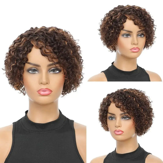  8-Inch Bouncy Curly Pixie Cut Wig | Side Part Brazilian Human Hair Luxegan