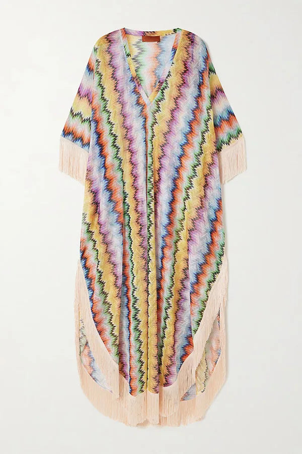 Wave Print V-Neck Short Sleeve Loose Fit A-Line Ankle-Length Dress – Natural Waist, Spring/Summer Luxegan