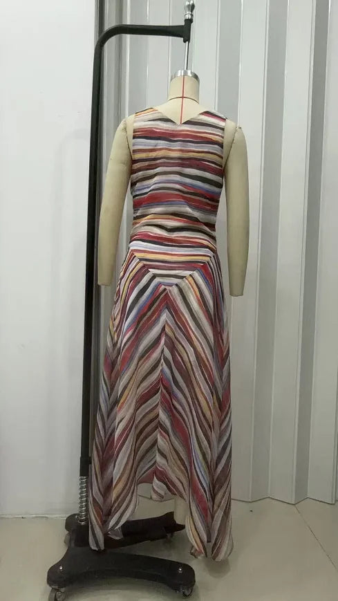 2026 Women Colorful Wavy Striped Maxi Dress Chic Swinging Collar Sleeveless Slim Waist Holiday Dresses Summer Lady Vacation Robe