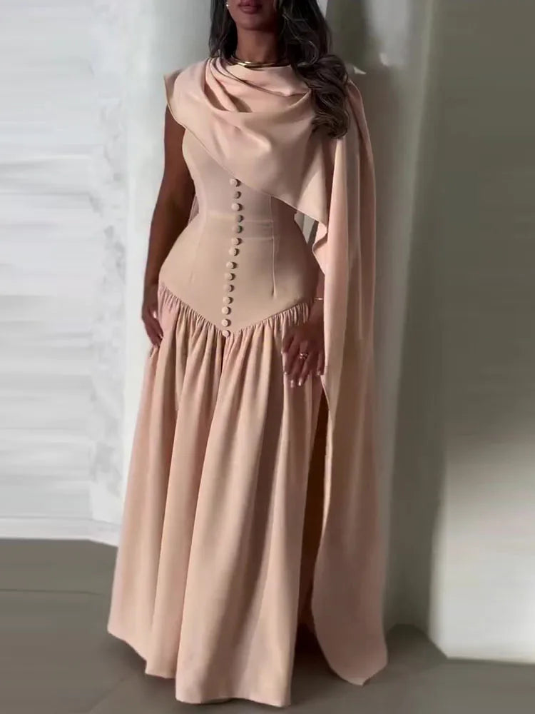 Shawl Collar Sleeveless Hollow-Out Draped A-Line Ankle-Length Maxi Dress | Elegant Banquet Temperament Dress Luxegan