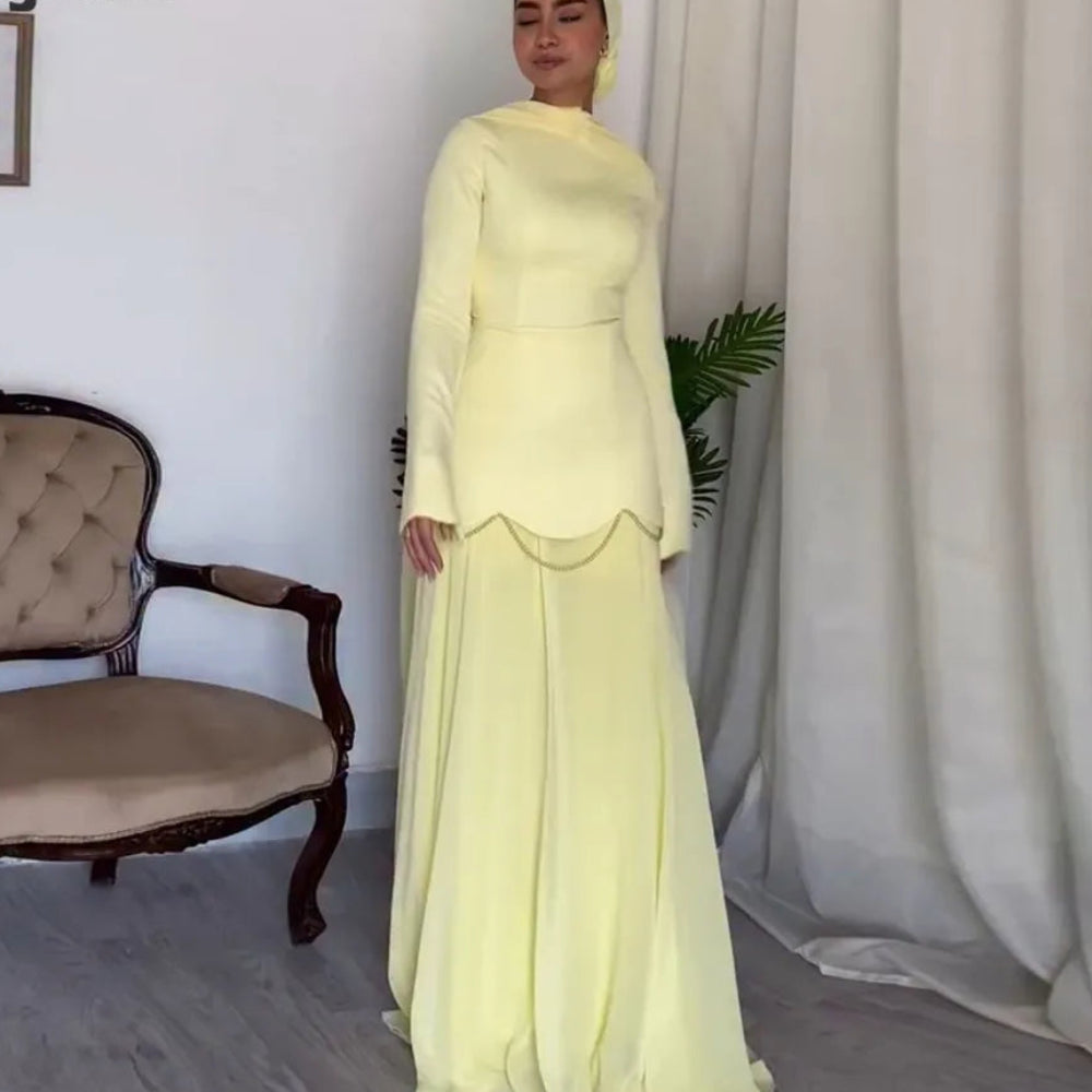 Women's Elegant Yellow Mixed-Media Prom Gown | Customized Satin Top & Chiffon Skirt Mermaid Evening Dress | Beaded Muslim Wedding Party Dress | Built-In Bra Floor-Length Illusion Vestido Model 2E25-6182 Luxegan