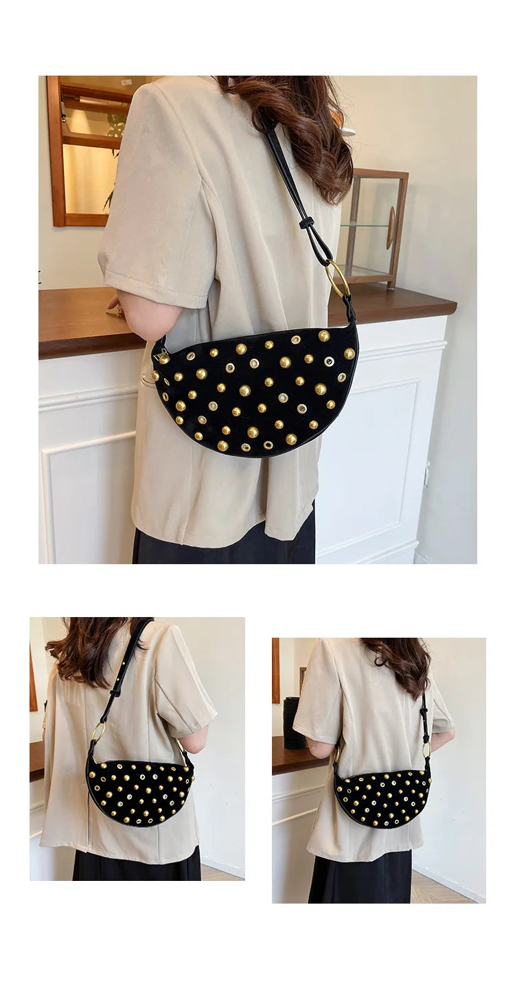 Women's Punk Style Leather Rivet Underarm Bag | Premium Faux Suede Single Shoulder Handbag | Trendy Sewing Thread Rectangle Crossbody Purse | Soft Four-Seasons Velvet Sling Pack Luxegan