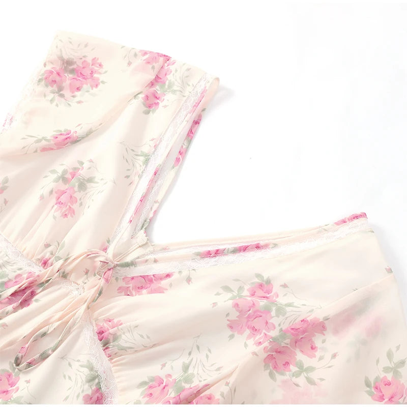 Flutter Sleeves Slim Long Dress Women Casual Pleated Deep V-neck Floral Print High Waist Dresses 2026 Lady Summer Holiday Wear