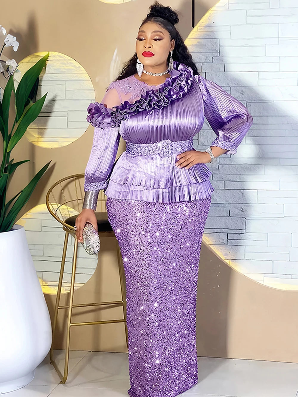 Luxury Sequin Kaftan Maxi Gown | African-Inspired Diamond Patchwork Evening Dress | Ankle-Length Zipper Slim Fit Sheath Dress Lucegan