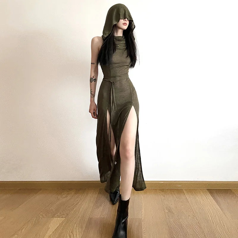 Women's Sexy European & American Style Sleeveless Hooded Dress | Hollow-Out High-Split Ankle-Length Gown | High Stretch Slim Fit Solid Color Streetwear Vestido | Summer Sheath Dress Model W068DS Luxegan