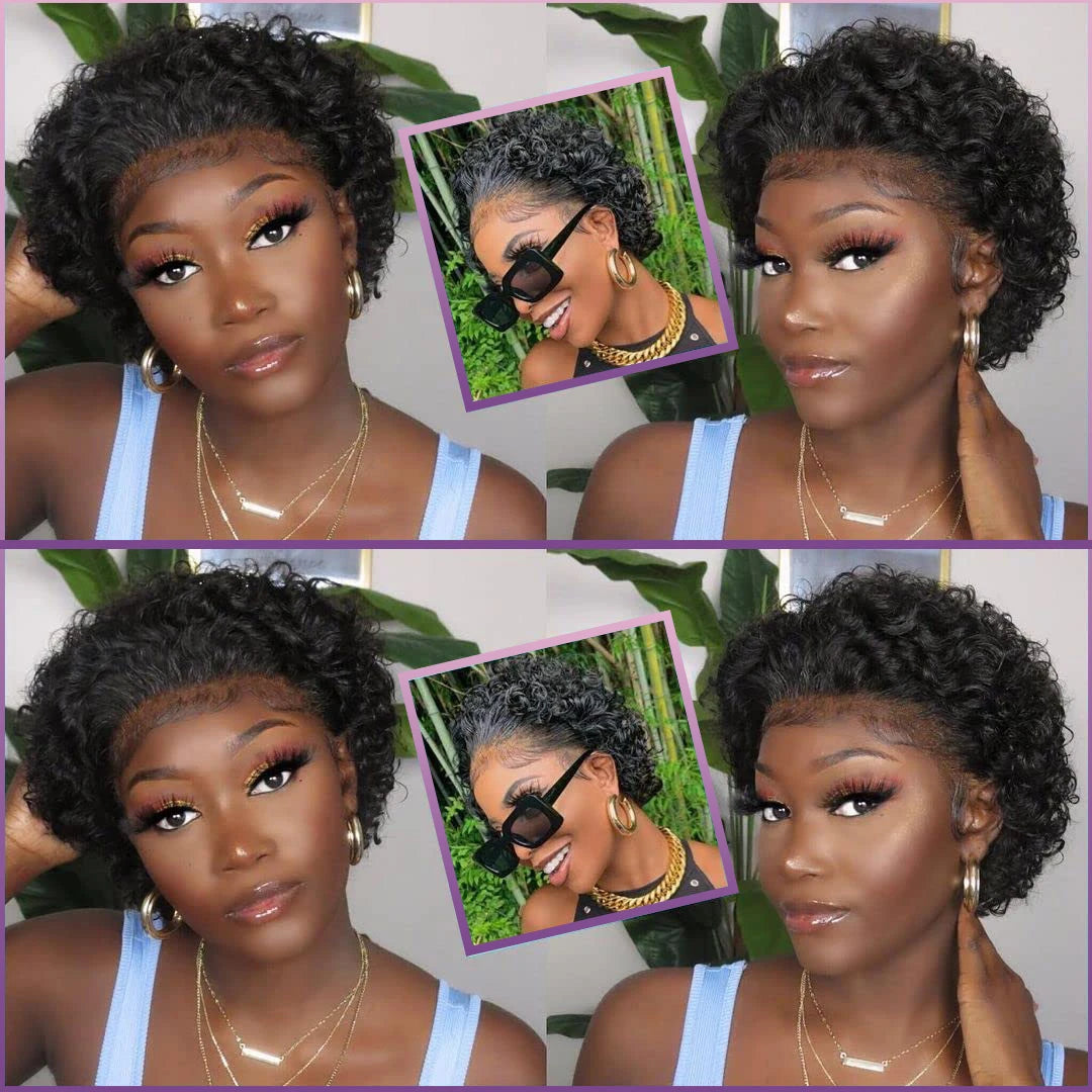 Short Curly Pixie Cut Wig - 13x4 & 13x1 Transparent Lace Frontal Human Hair Wig - Glueless Brazilian Remy Curly Short Bob Wig for Black Women (4-16 Inches, #1B Natural Color) Luxegan