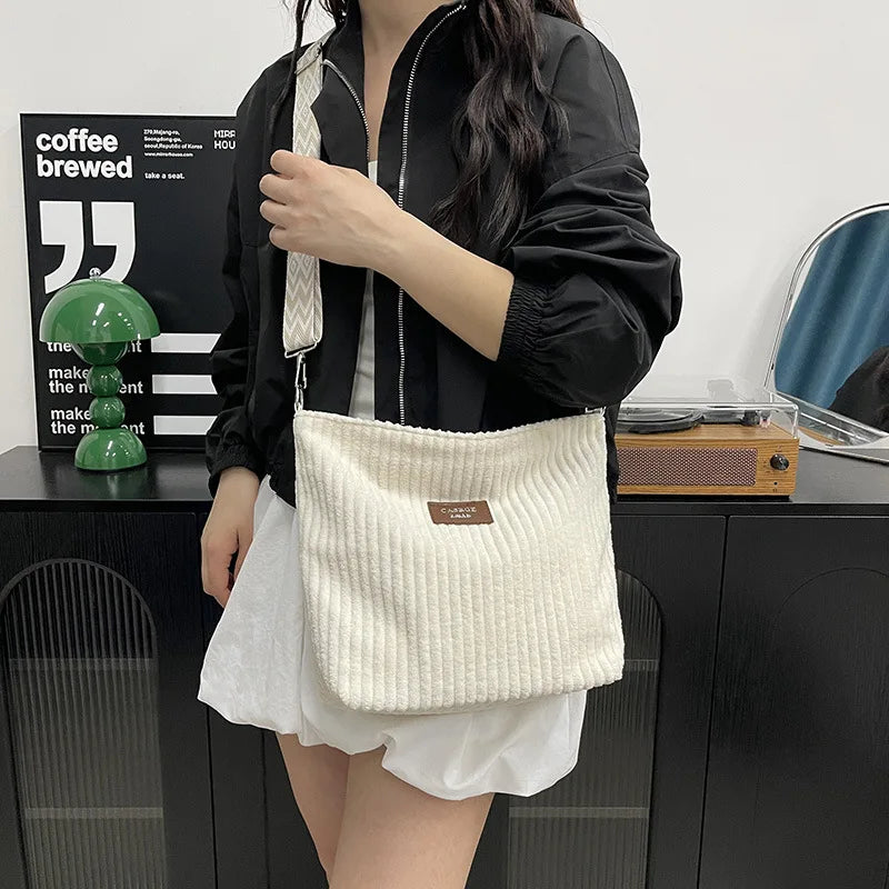 Solid Color Corduroy Messenger Bag | Casual Chic Women’s Bucket Bag | Versatile Crossbody & - view 3