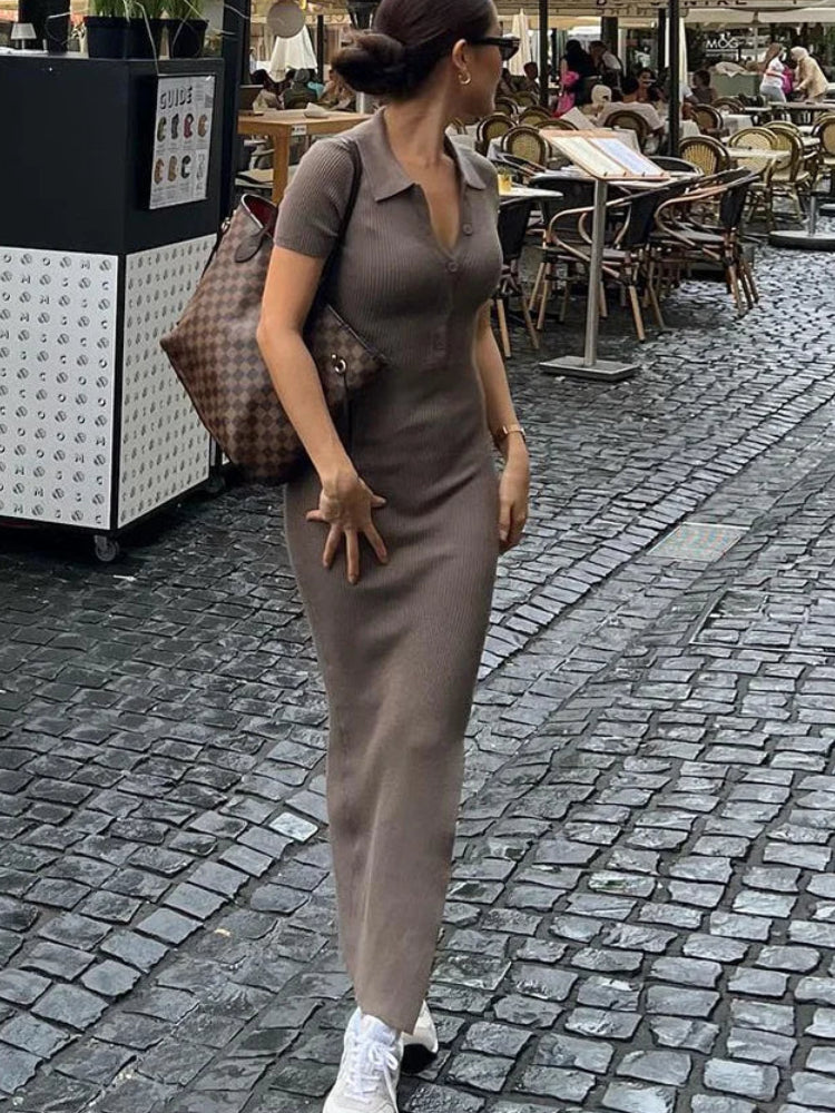 Solid Turn-Down Collar Short Sleeve Button Detail Regular Fit Sheath Midi Dress – Medium Stretch, Summer Luxegan