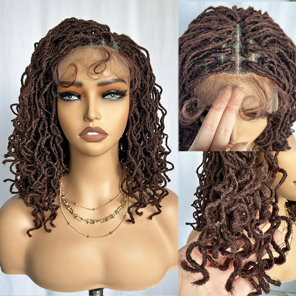 Synthetic 4x4 Lace Front Braid Wig 14inch Curly Faux Locs Dark Burgundy Large Parting Space Twist Dreadlock Wigs for Black Women Luxegan