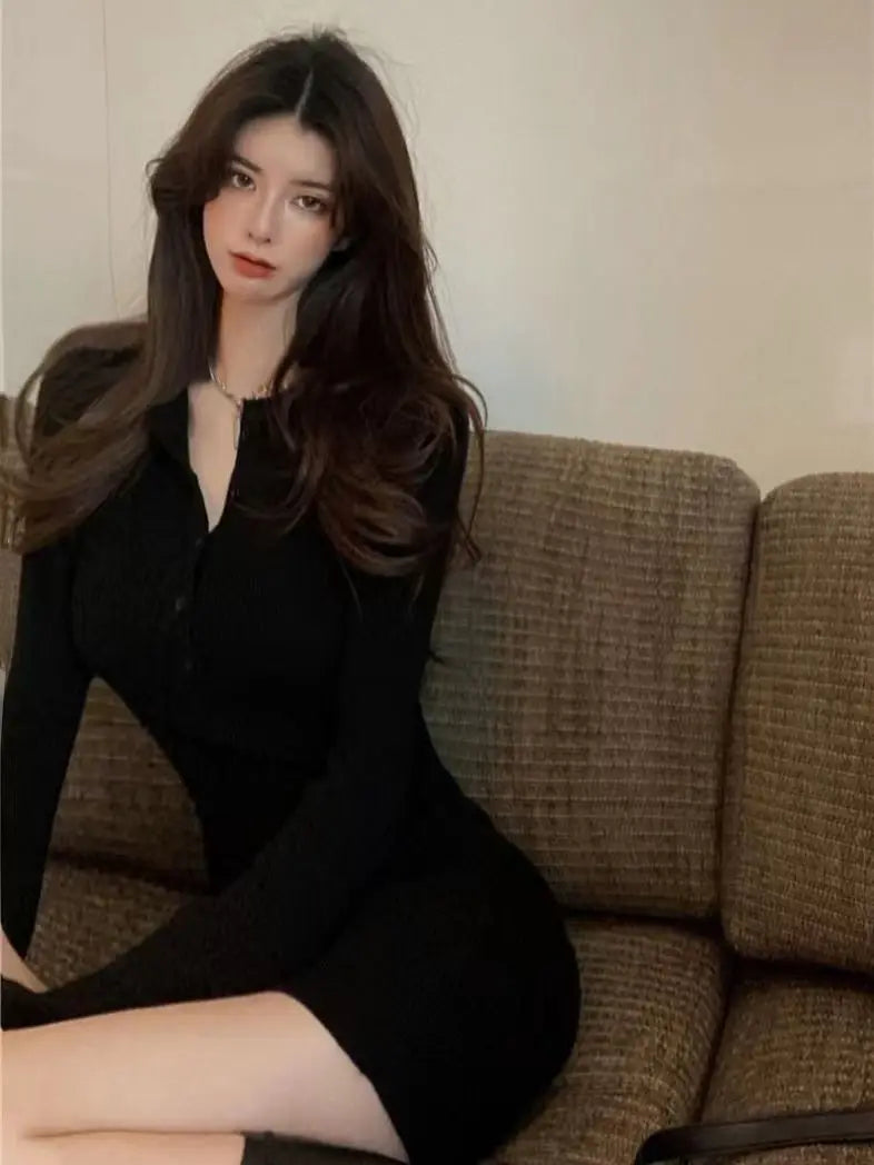 V-Neck Knit Bodycon Mini Dress | Long Sleeve Elastic Waist Slim Club Dress Luxegan