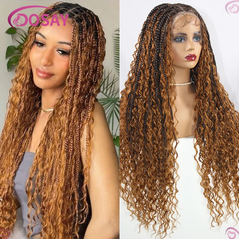Boho Box Braided Wigs Synthetic Curly Wig Full Lace Front Wigs For Women 32" Goddess Braids Wig African Bohemian Braiding Hair Luxegan