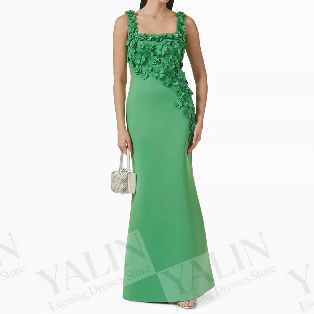 Floral A-Line Prom Dress | Square Neck Sleeveless Ankle-Length Evening Gown Luxegan