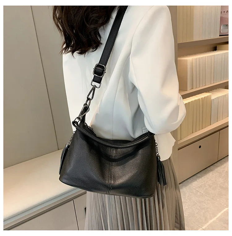 Genuine Leather Women's Bags | Fashion Tassel Women's Handbags & Crossbody Bags (Solid Colours Satchel Large Capacity) Luxegan