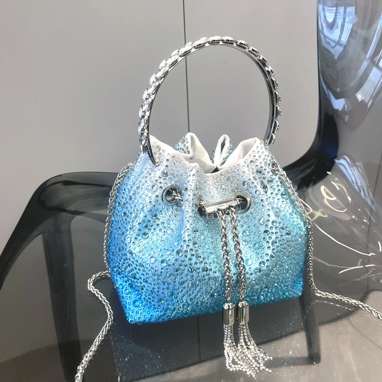 Luxury Designer Rhinestone Evening Clutch | Shiny Crystal Bucket Handbag & Fashion Shoulder Bag Luxegan