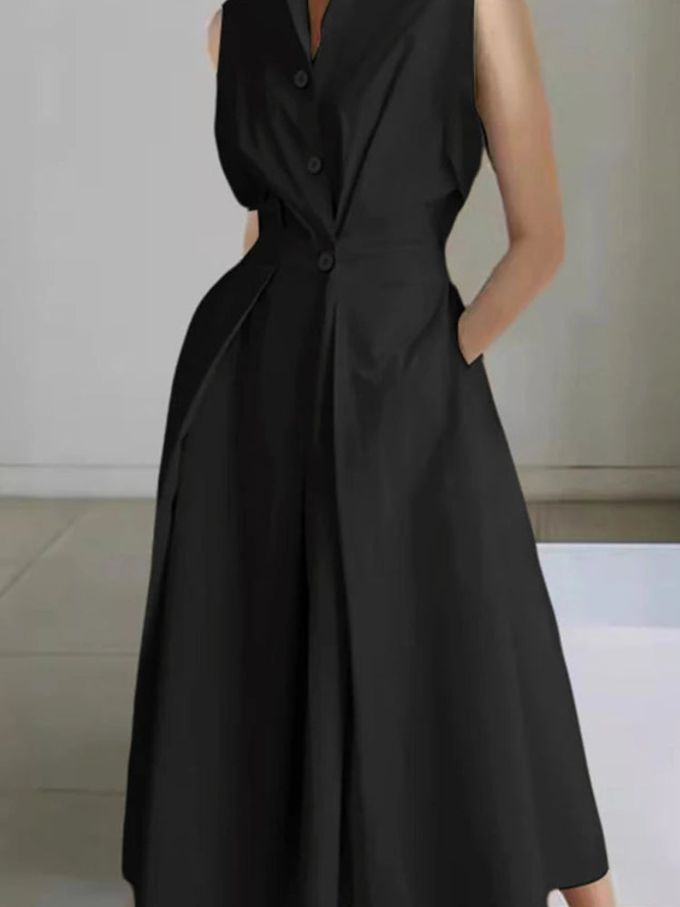 Solid Turn-Down Collar Short Sleeve Regular Fit A-Line Ankle-Length Dress – Polyester, Empire Waist, Summer Luxegan
