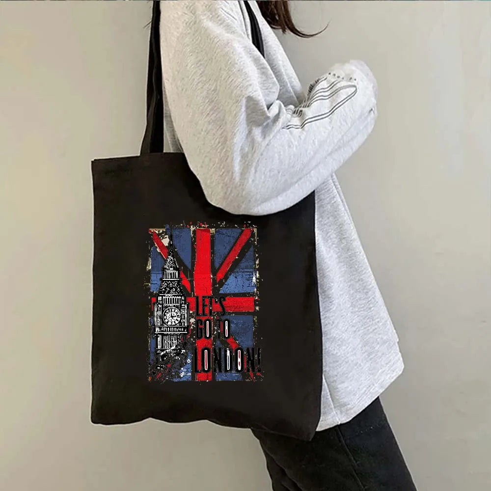 London Big Ben England Map Flag Canvas Tote Bag | UK City Landscape Skyline Shoulder Shopping Handbag (Women's Tourist Gift) Luxegan